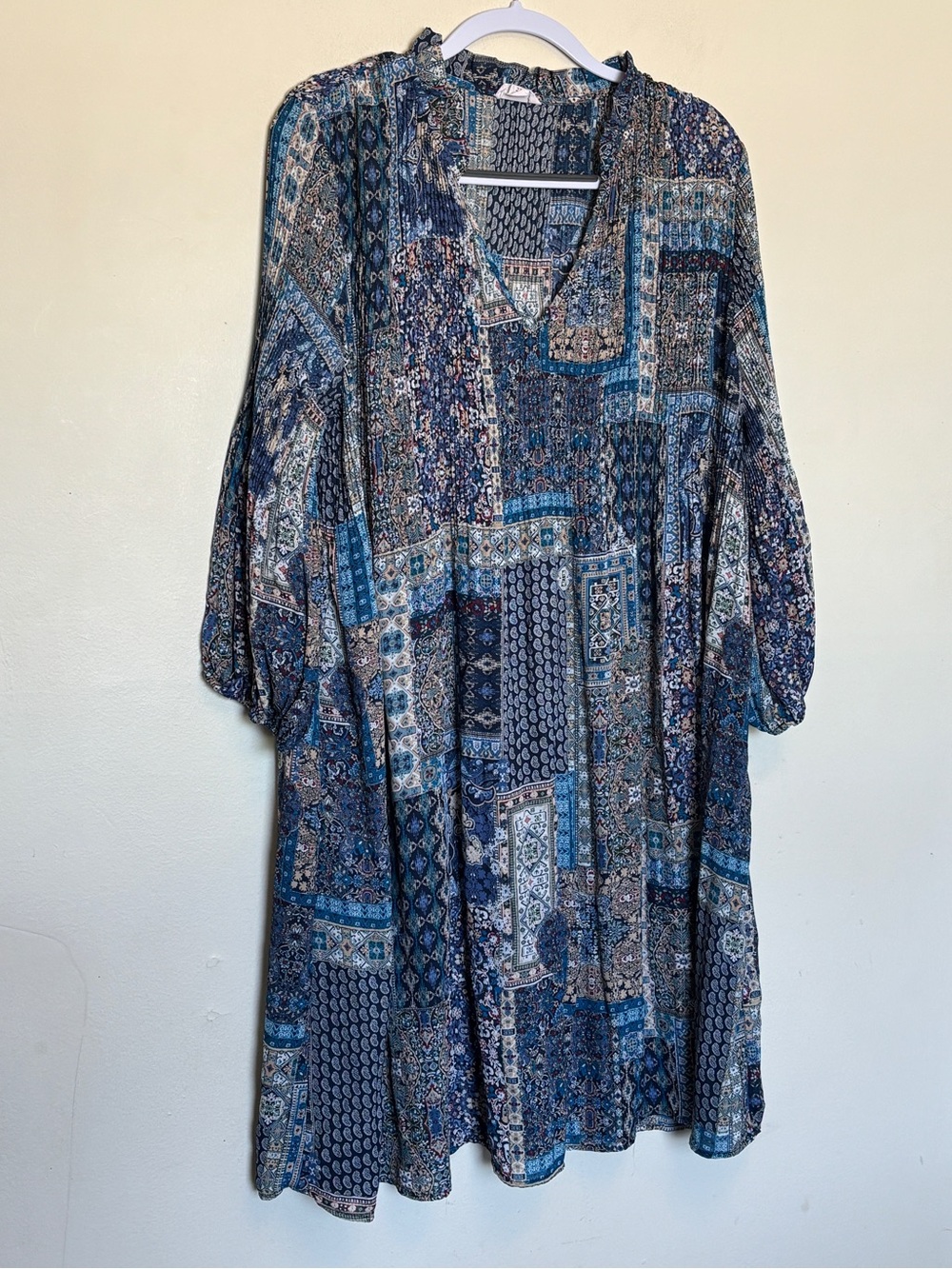 Chloe+Rene Smocked Boho Babydoll Tunic Shift Dress Sz 2X Patchwork Festival Blue